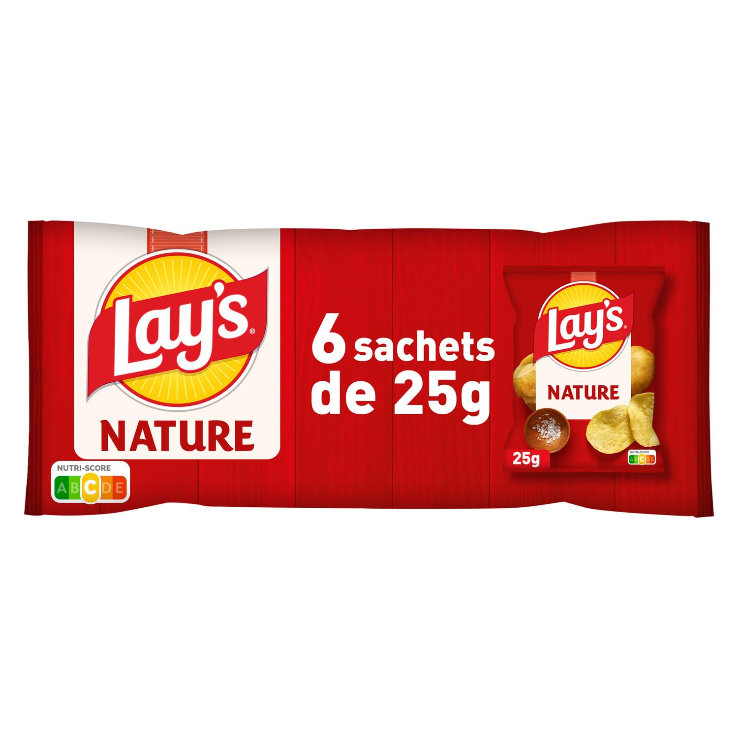 LAY'S Chips Nature - Lot de 6 sachets de 25g - Chips croustillantes au goût authentique pour vos moments de partage - Lot de 6