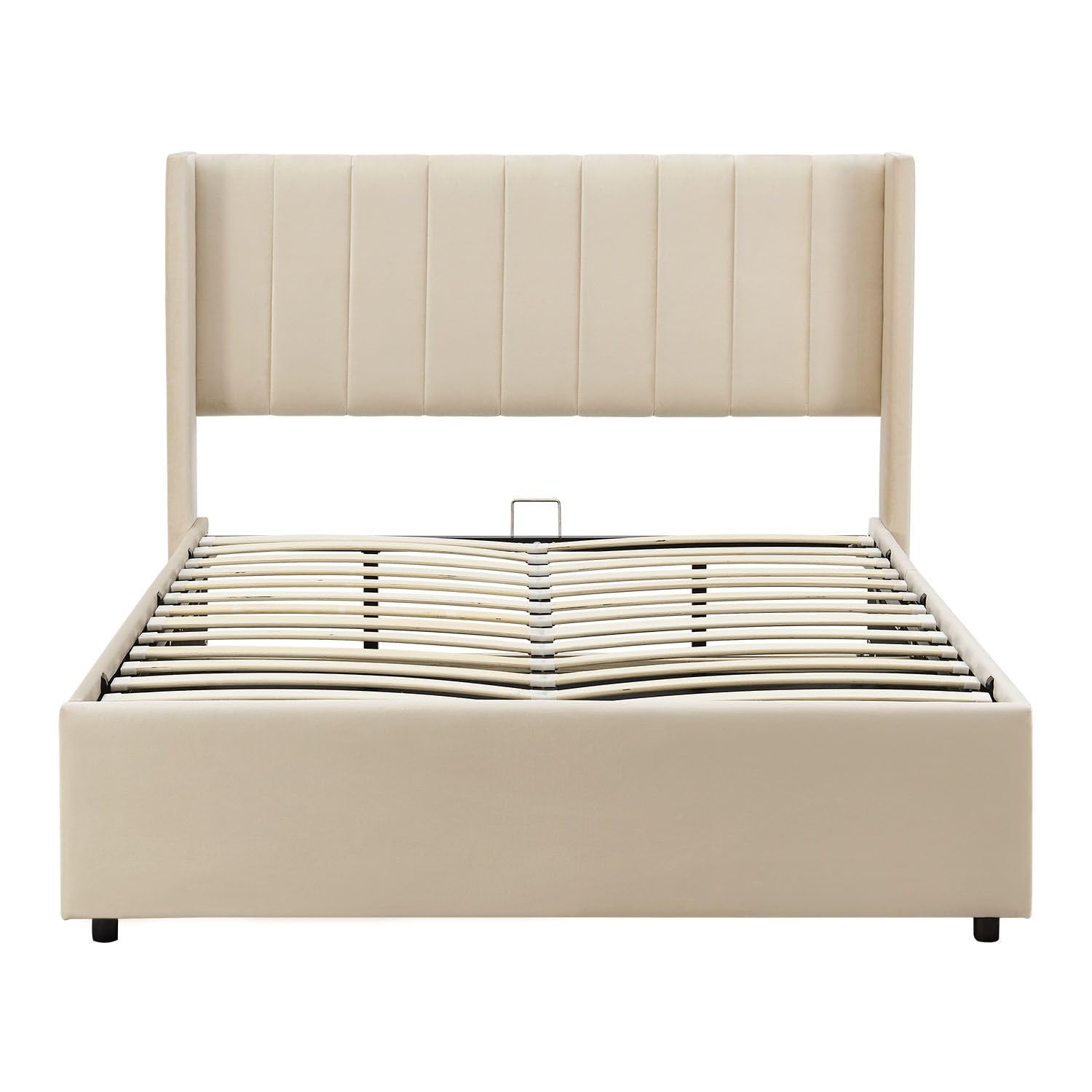 Juskys Lit rembourré Savona 120x200 cm avec Coffre, sommier à Lattes, Housse en Velours, Cadre de lit en Bois, jusqu'à 250 kg, Grande tête de lit, Beige