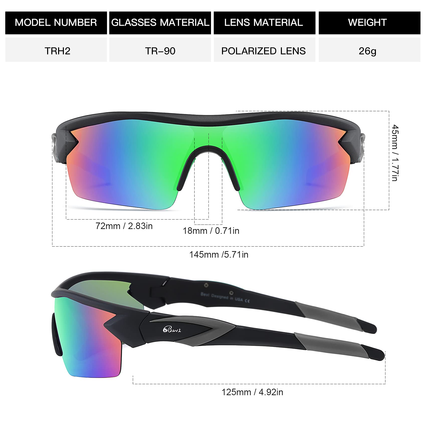 Bevi TR90 polarisierte Sport-Sonnenbrille mit unzerbrechlichem Rahmen für Männer und Frauen, Laufen, Radfahren, Golf, Baseball
