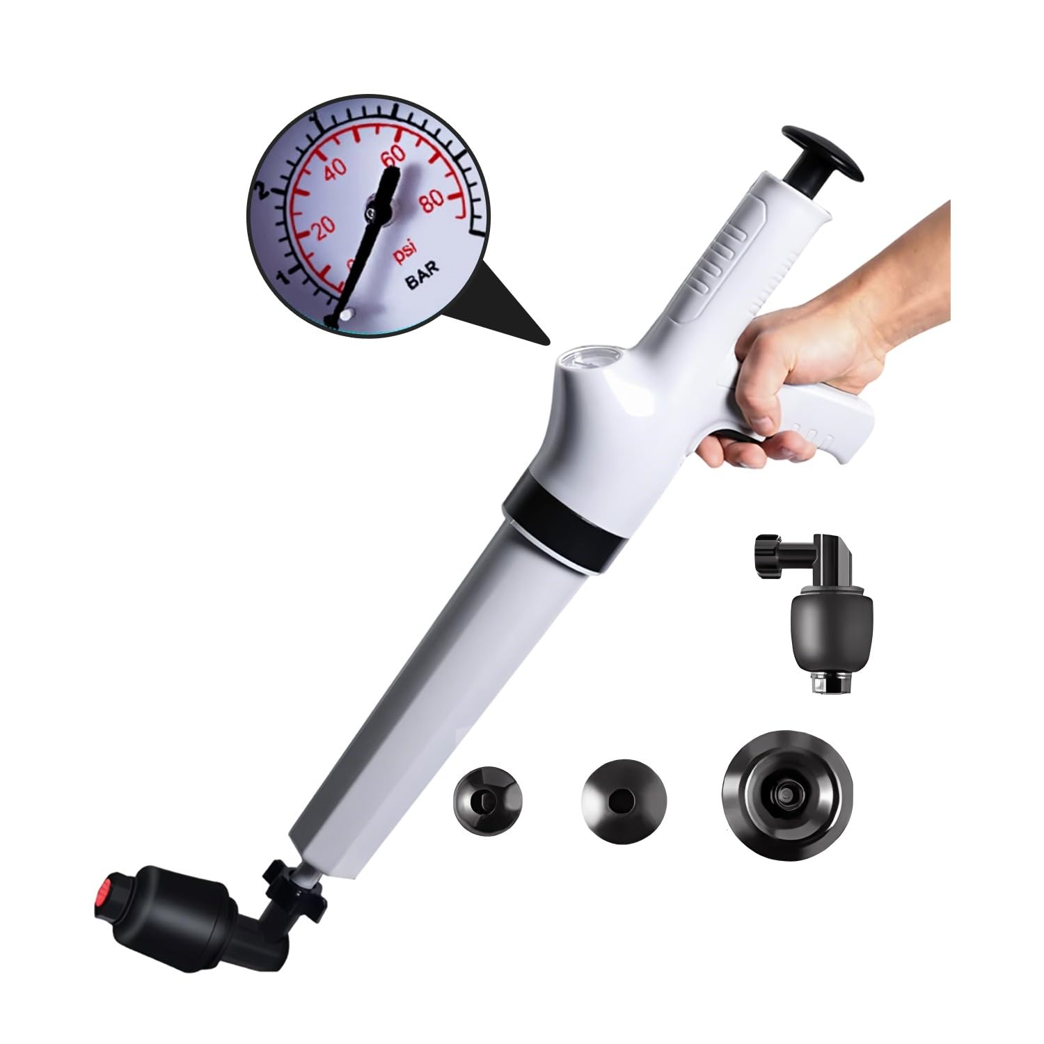 Sturalavandini a Pressione con Barometro, Pompa Stura Scarichi a Pressione con 4 Ventose, Sturalavandino ad Aria Compressa, Stura WC, per WC, lavandino, Vasca da Bagno, Grigio