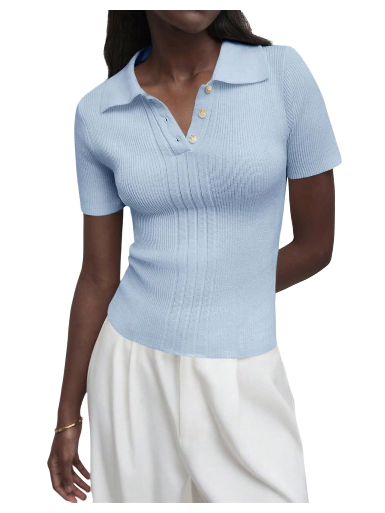 Floerns Womens Short Sleeve Sweaters Button Collared Knit Fitted Pullover Tops