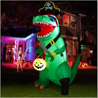 GOOSH 7 FT Halloween Inflatables Dinosaur Outdoor Decorations Blow Up Yard Pirate Dinosaur with Pumpkin Decoration with Built-in LEDs for Indoor Party Garden Lawn Decor