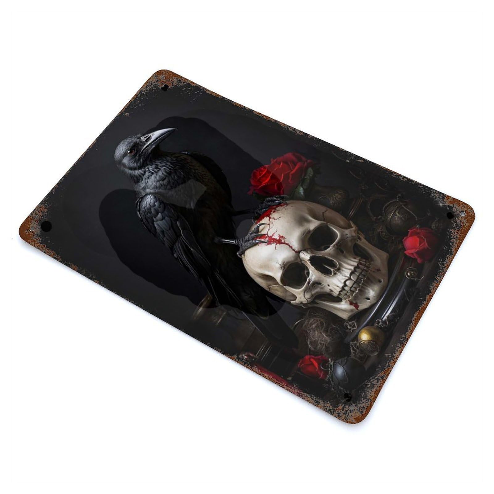 Gothic Crow 11.8"x7.9" Rust Effect Tin Sign, Decorative Metal Wall Art for Garage, Bar And Workshop Decor