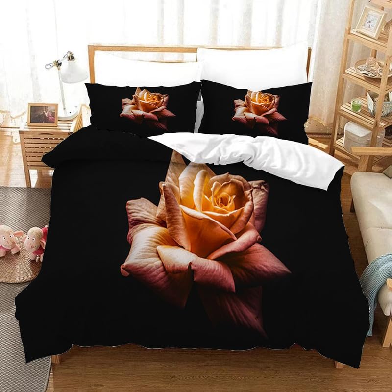 Housse de couette 140x200 roses noires parure de lit 1 personne avec taies d'oreiller 65x65