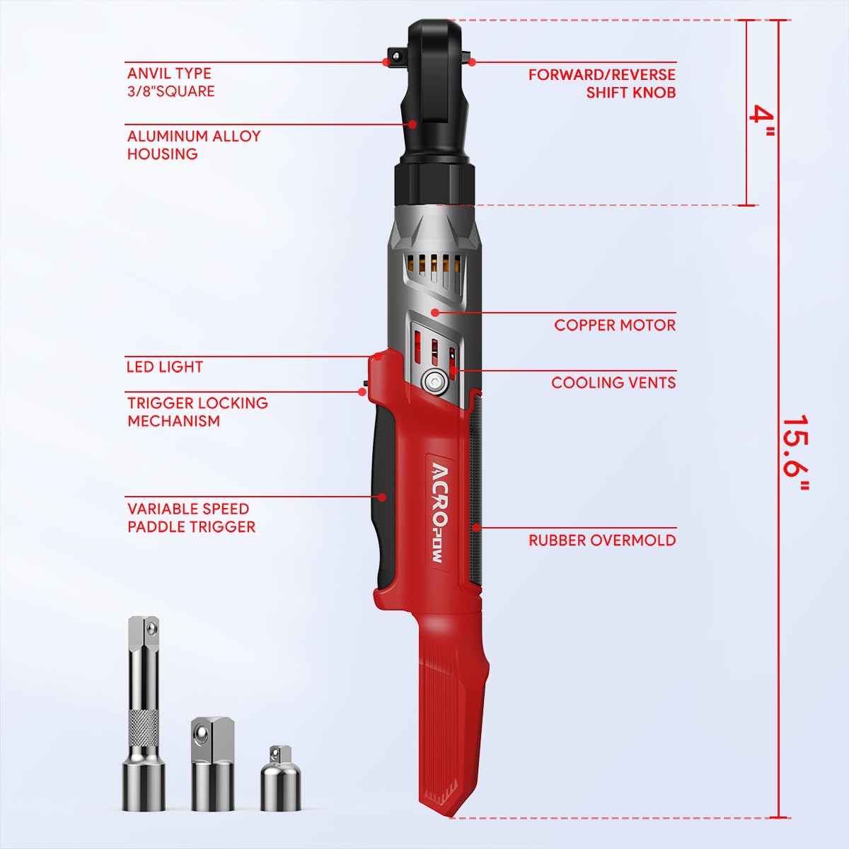 ACROPOW Clé à cliquet sans fil de 0,95 cm, compatible avec batterie Milwaukee 18 V, cliquet électrique à moteur sans balais de 20,3 m avec vitesse variable, adaptateurs de 1,27 cm et 0,6 cm, barre
