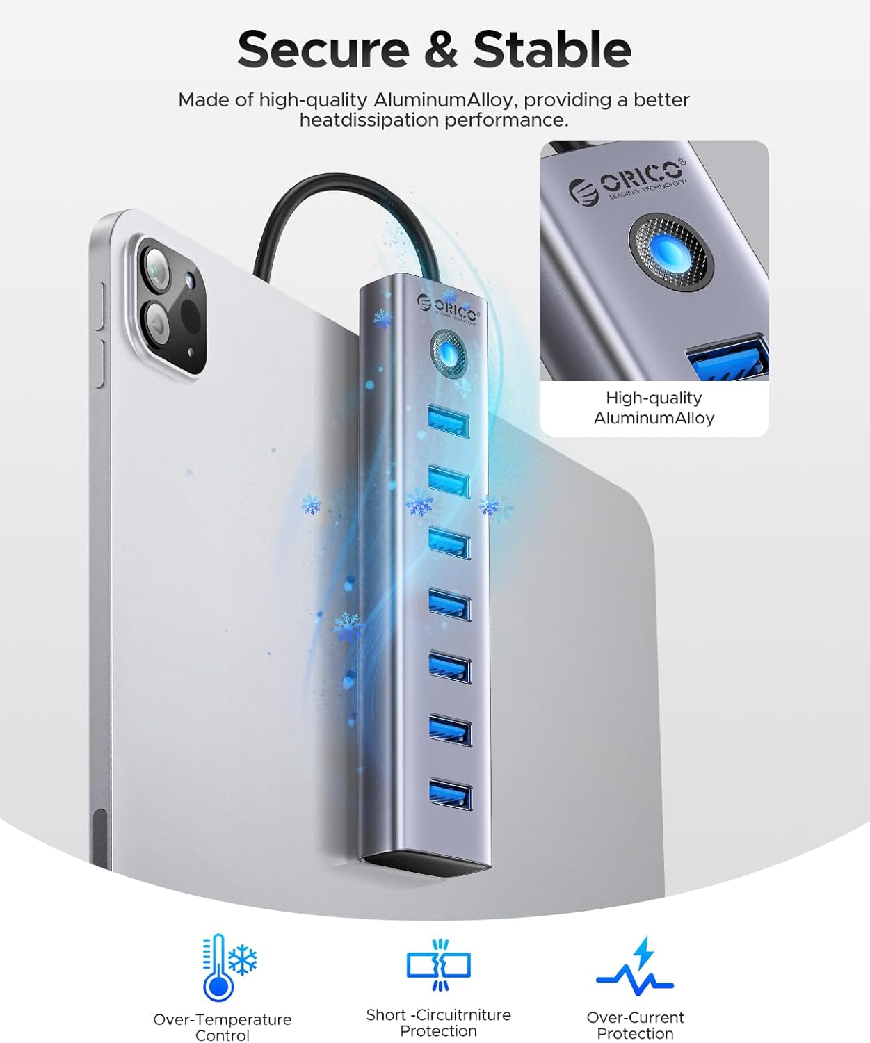 ORICO 7-Port USB 3.0 Hub, Aluminum USB Multiple Adapter, 5Gbps USB Extender USB Splitter with 6Ft Cable, UBS-A Hub Long Cable for Desktop, PC, Flash Drive, Mobile HDD, Windows/XPS