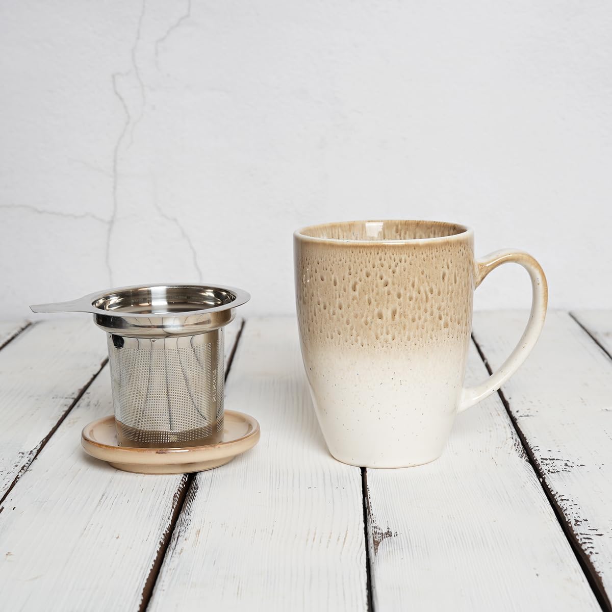 Bosmarlin Ceramic Tea Cup with Infuser and Lid, 13.5 Oz, 5 Colors to Choose, Microwave and Dishwasher Safe, Steeping Tea Mug with Strainer, Reactive Glaze (Brown)
