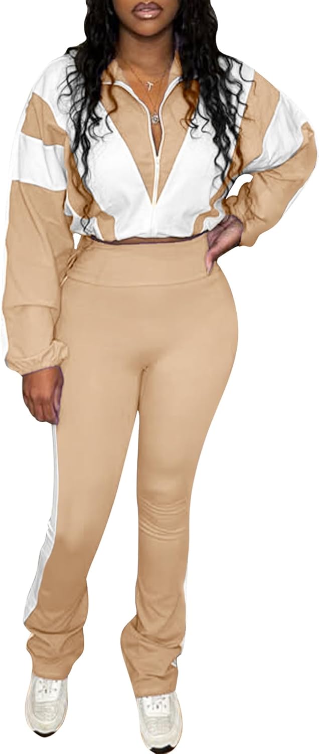 Women 2 Piece Tracksuit Long Sleeve Zip Drawstring Cropped Jacket Flared Leggings Outfits Jogger Sweatsuit Sets - Image 3