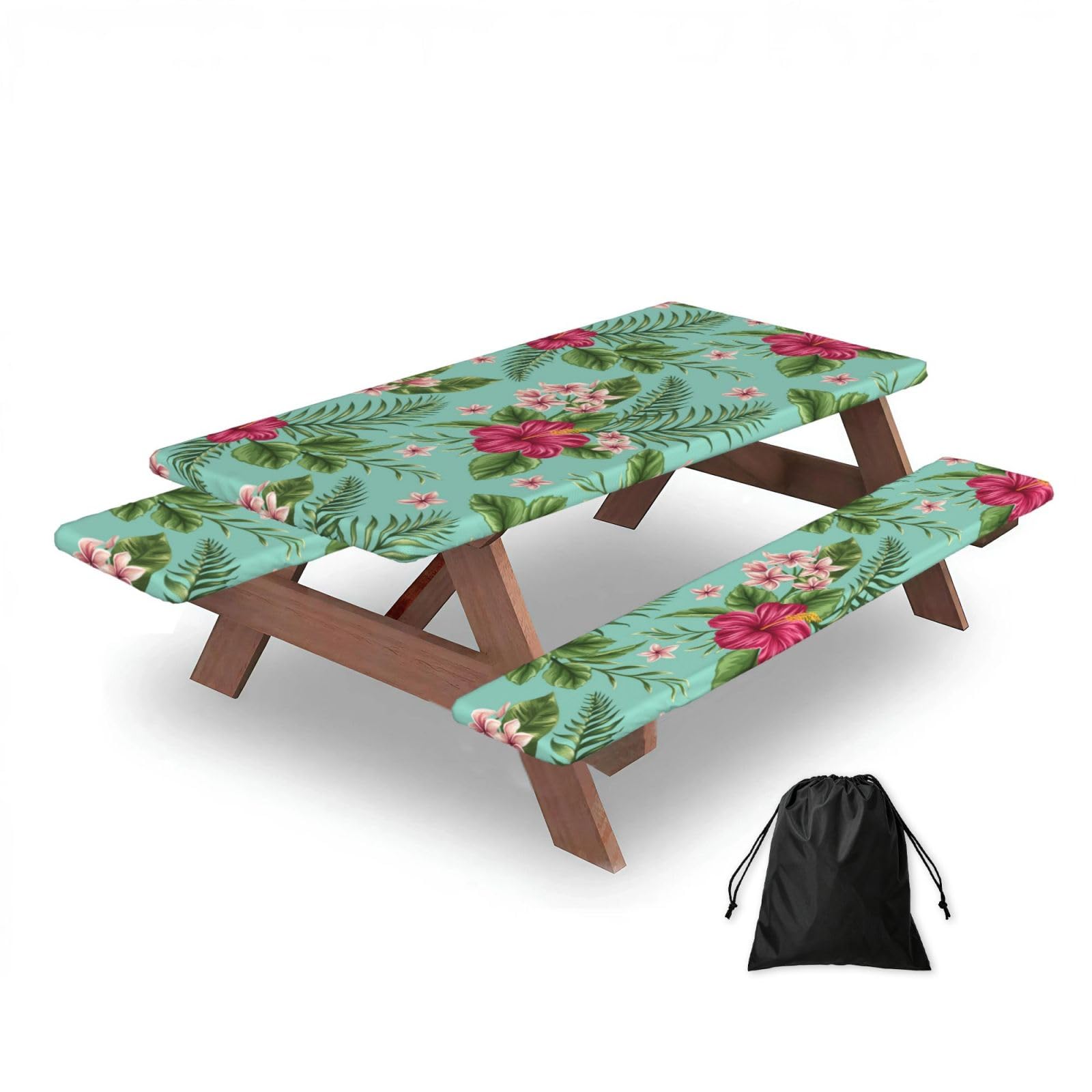 Dopklna As Picture Plumeria And Hibiscus Flowers Print Exotic Jungle Palm Leaf, Picnic Table Cover With Bench Covers -Waterproof Elastic Fitted Tablecloth For Garden Camping Patio 76X152cm
