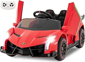 INFANS 2 Seater Kids Ride on Car, 12V 4WD Licensed Lamborghini Veneno Powered Electric Vehicle with Hydraulic Doors, Rocking Mode, Adjustable Speeds, Remote Control, MP3, Headlight (Red)