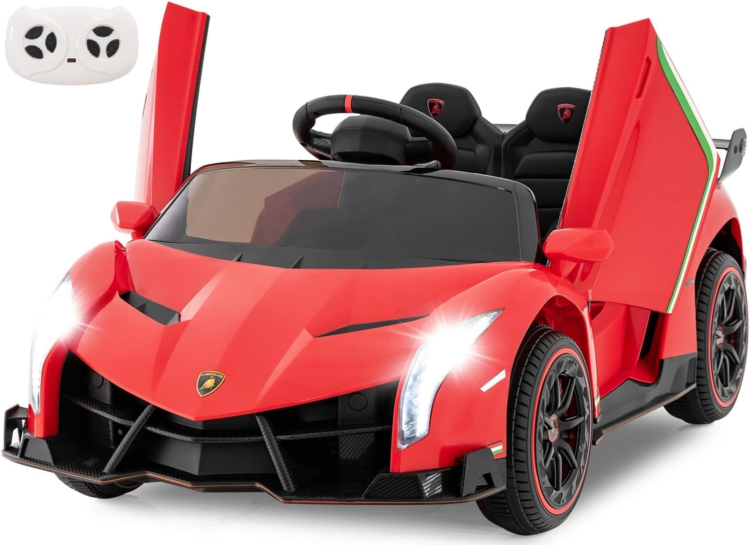 - 2 Seater Kids Ride on Car, 12V 4WD Licensed Lamborghini Veneno Powered Electric Vehicle with Hydraulic Doors, Rocking Mode, Adjustable Speeds, Remote Control, MP3, Headlight (Red)
