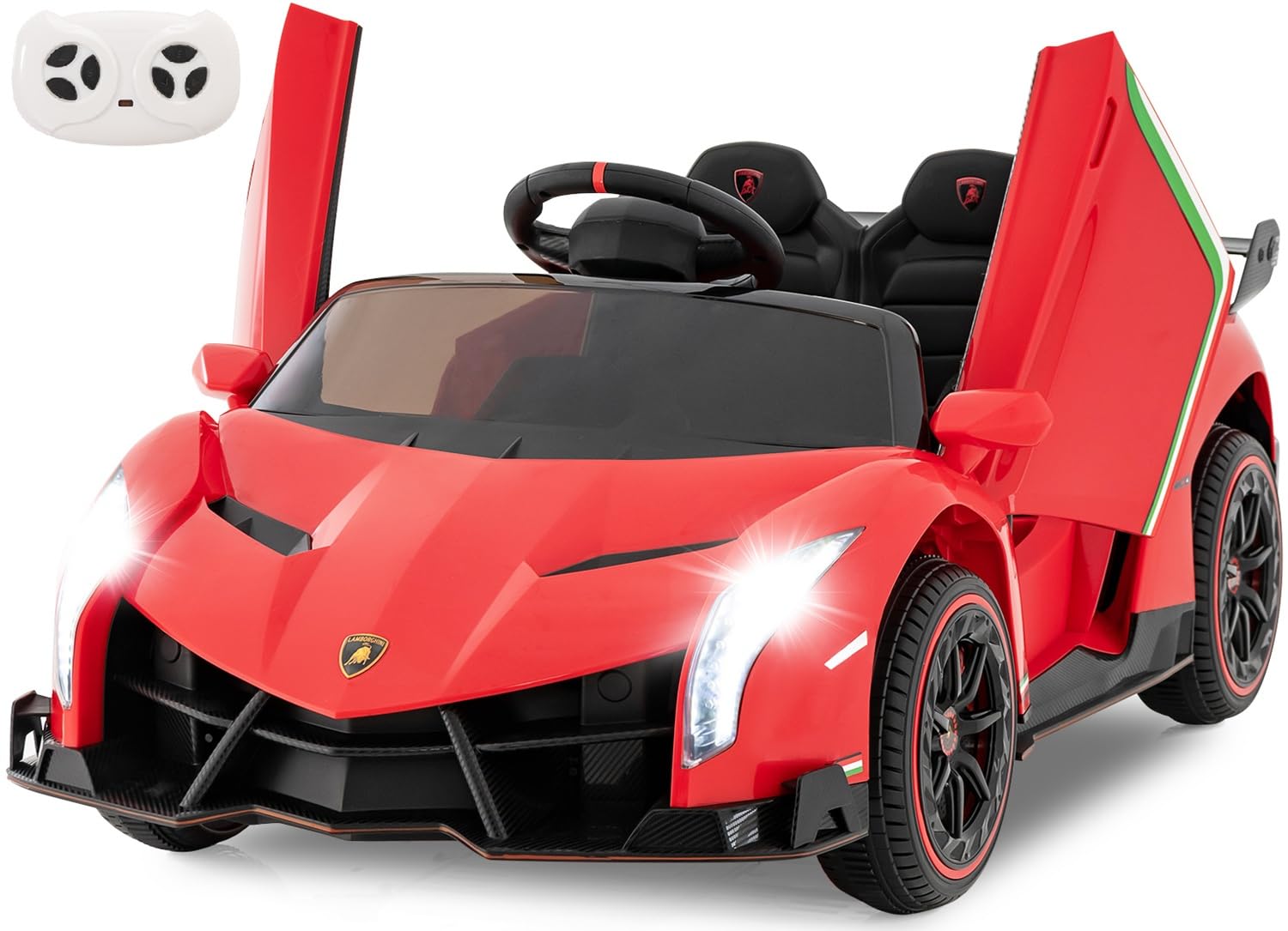 INFANS 2 Seater Kids Ride on Car, 12V 4WD Licensed Lamborghini Veneno Powered Electric Vehicle with Hydraulic Doors, Rocking Mode, Adjustable Speeds, Remote Control, MP3, Headlight (Red)