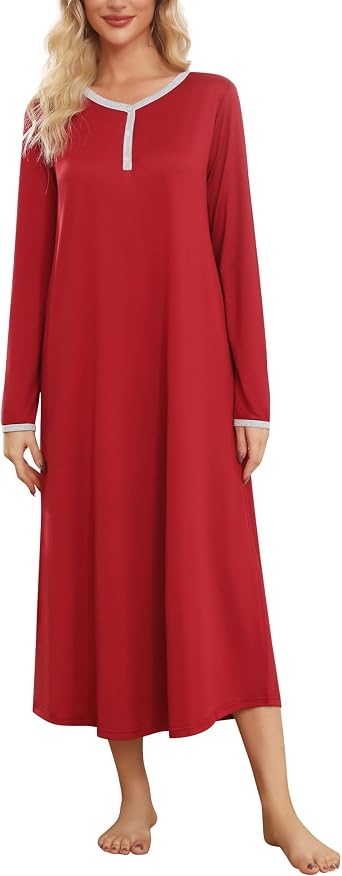 ENJOYNIGHT Long Nightdress for Women Long Sleeve V Neck Nightgown | Button Down Nightshirt, Soft Loungewear, Loose Relaxed Fit, Two Side Pockets