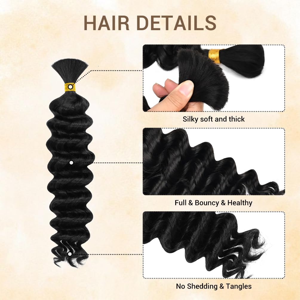 Human Braiding Hair for Boho Knotless Braids 1 Bundle 16 Inches 40g Deep Wave Bulk Human Hair for Braiding Hair Wet and Wavy 10A Brazilian Virgin Human Bohemian Hair for Braiding Natural Black 1B