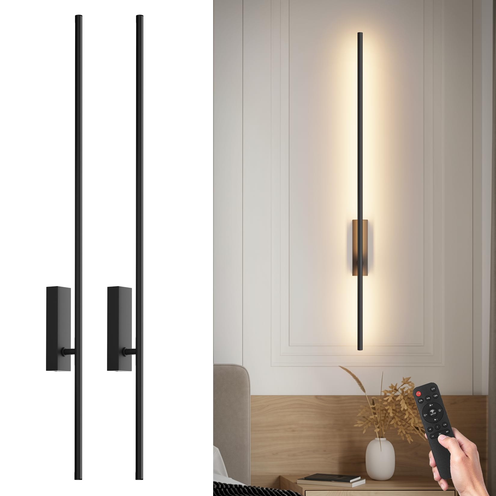 2 Stück LED Wandleuchte mit Fernbedienung Schwarz - 100CM, 28W 330° Schwenkbar, 3000K-6000K, mit Dimm- und Timing-Funktionen, für Wohnzimmer, Schlafzimmer, Flur, Küche