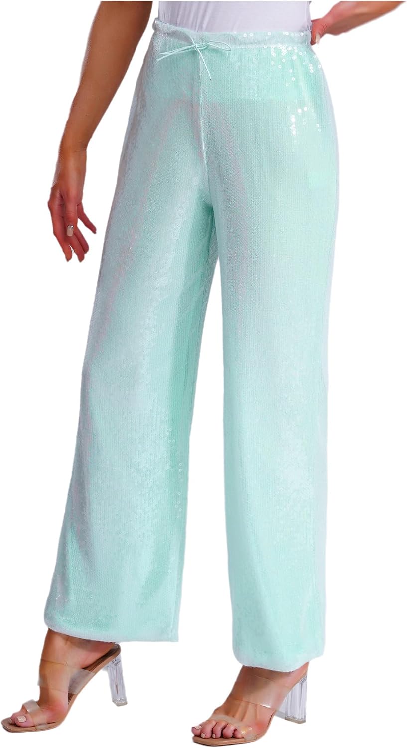 Choomomo Womens Sparkly Sequin Pants High Waist Wide Leg Trousers Elastic Loose Fit Shiny Dance Pants
