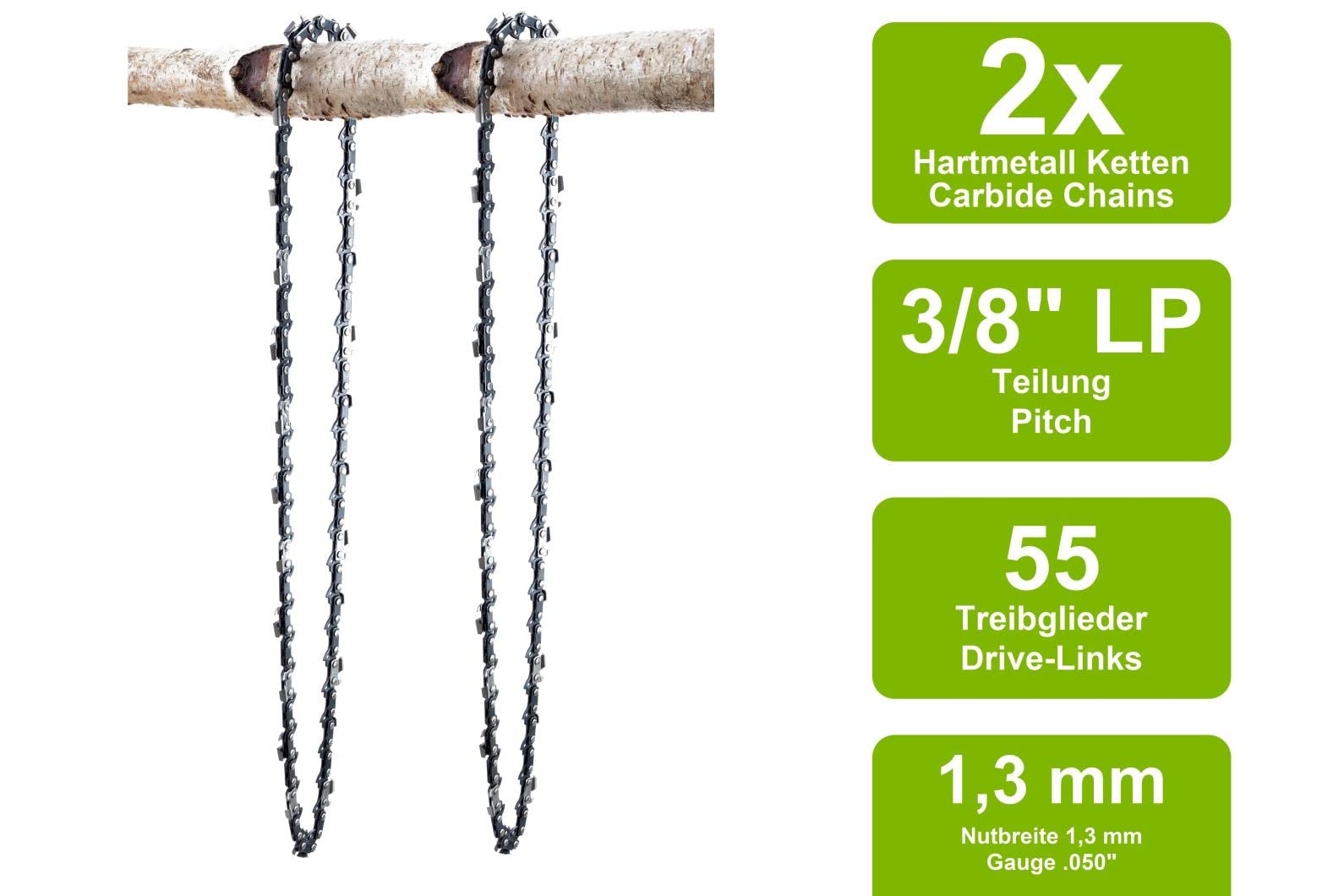 SECURA 2 Carbure chaînes compatible avec Castor High-Tech 1.8 Tronçonneuse avec 40cm 3/8LP 55M 1,3mm