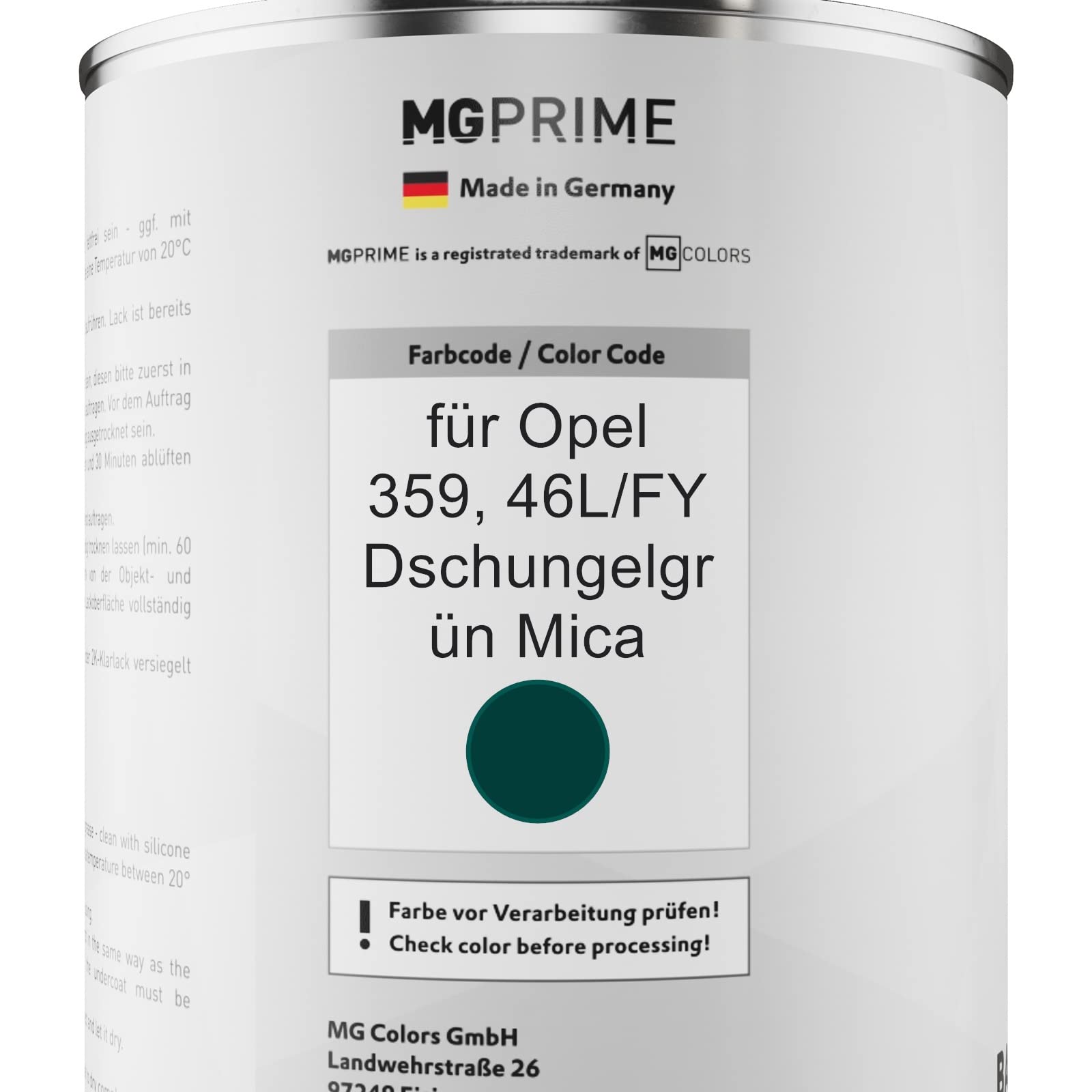 MG PRIME Autolack Dosen Set für Opel 359 / 46L/FY Dschungelgrün Mica 2,5L | Set aus Basislack + 2K Klarlack + Härter, Literware, spritzfertig