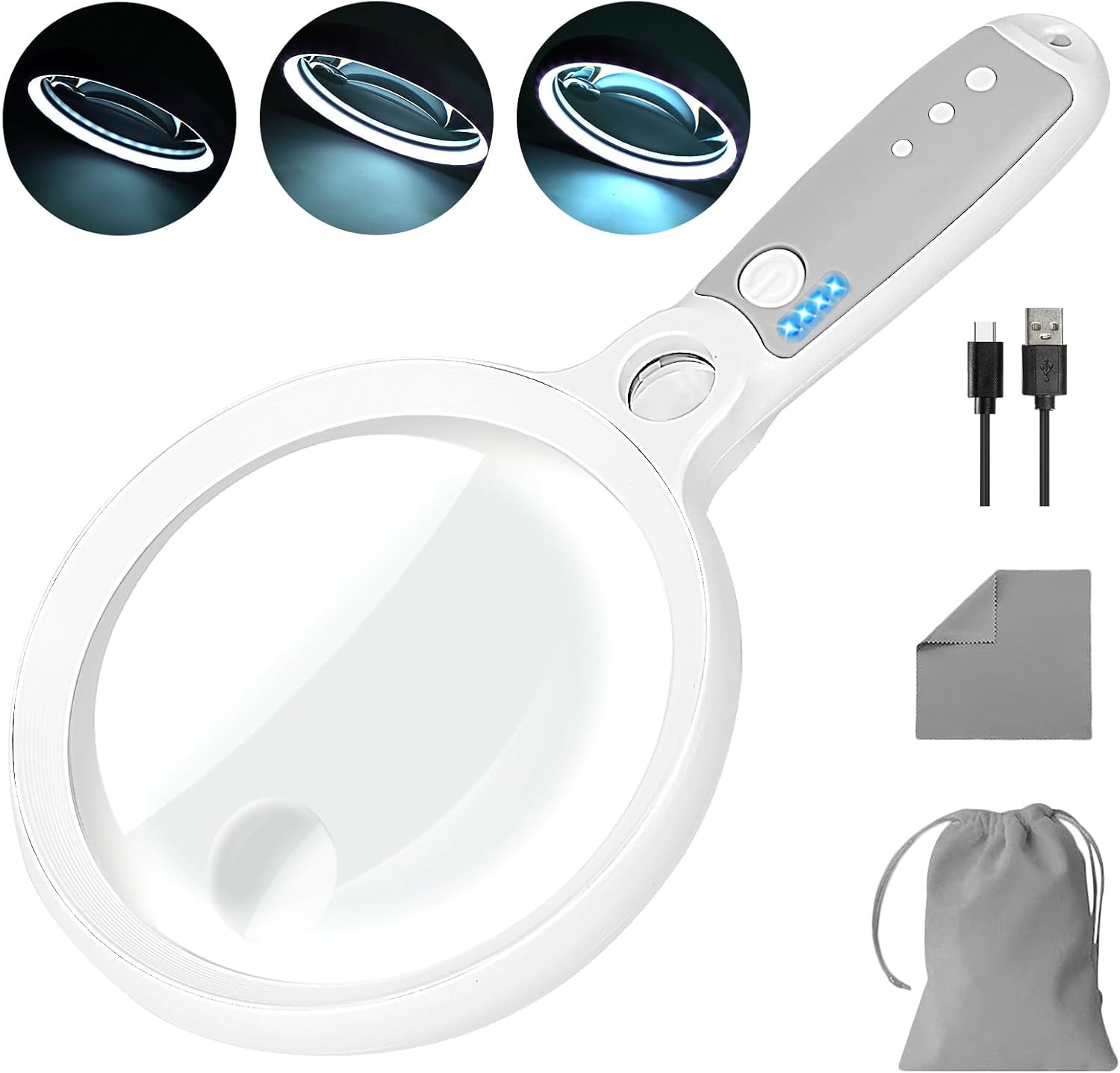 Large Magnifying Glass with 37 LED Light, 10X 20X 45X Handheld Illuminated Lighted Magnifier with 3 Light Modes Rechargeable Magnifying Glass for Seniors Reading, Inspection (White & Grey) Large Magnifying Glass with 37 LED Light, 10X 20X 45X Handheld Illuminated Lighted Magnifier with 3 Light Modes Rechargeable Magnifying Glass for Seniors Reading, Inspection (White & Grey)