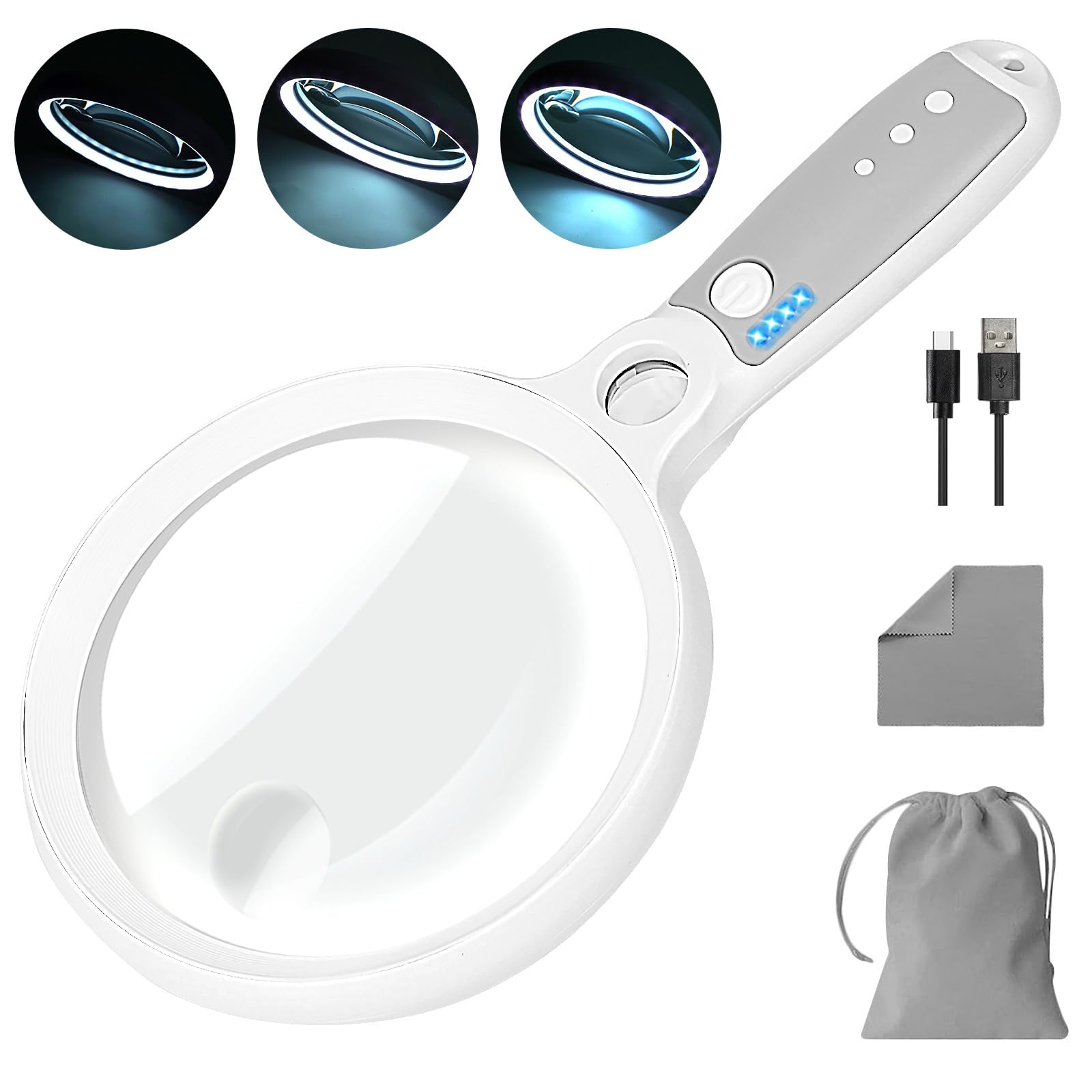 Large Magnifying Glass with 37 LED Light, 10X 20X 45X Handheld Illuminated Lighted Magnifier with 3 Light Modes Rechargeable Magnifying Glass for Seniors Reading, Inspection (White & Grey)