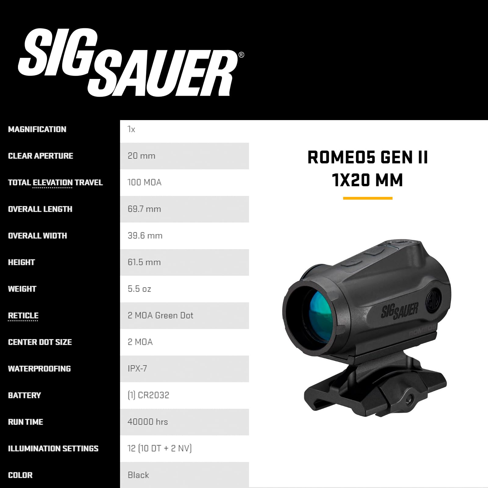 SIG SAUER ROMEO5 GEN II 1x20mm Compact Durable IPX-7 Waterproof Gun Shooting Sight, Parallax-Free Optical Design, 12 Illumination Settings - Green Dot Sight