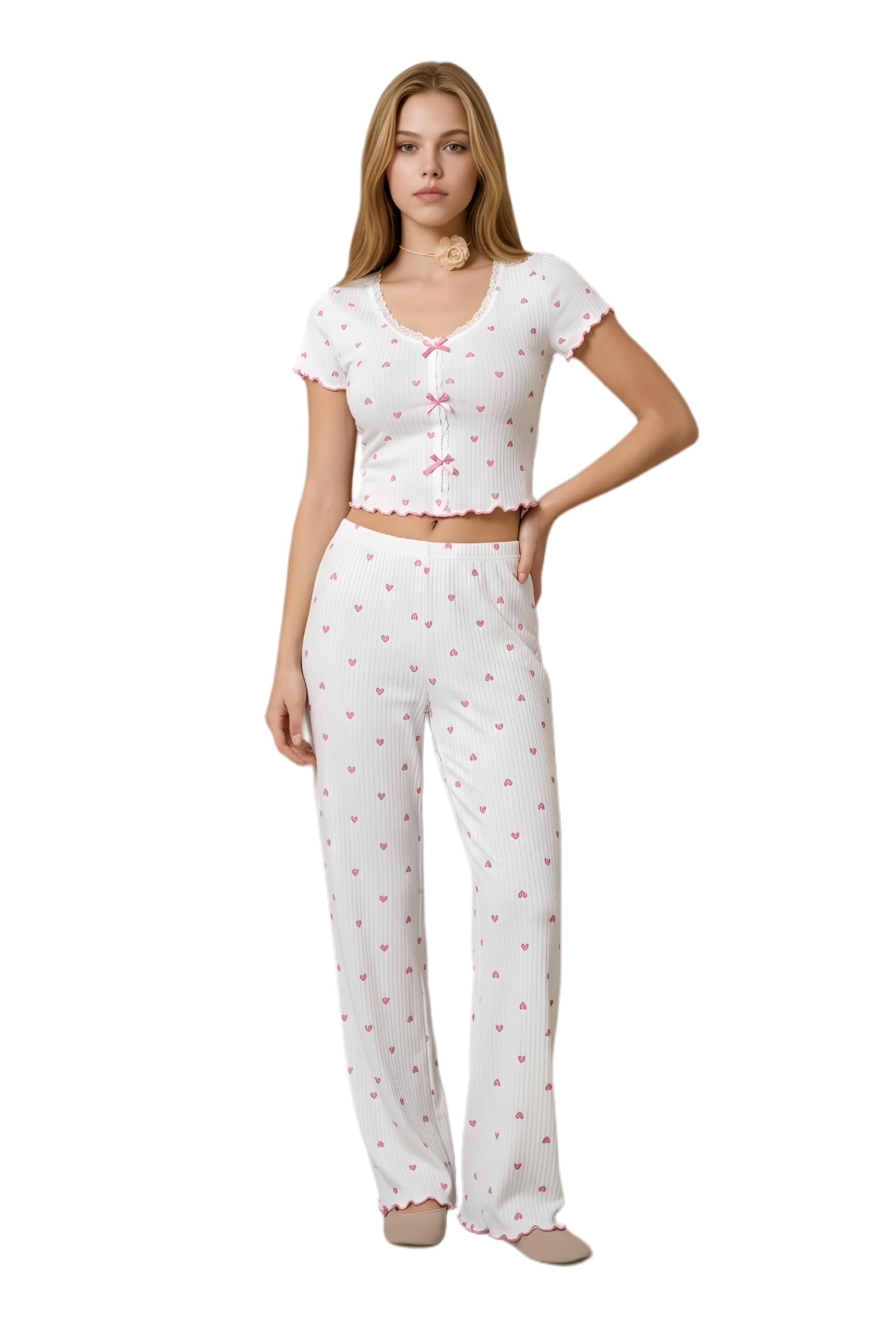 Women's Ribbed Heart Print Two-Piece Set, Crop Top with Bow Detail and Wide-Leg Trousers in Beige-image-35