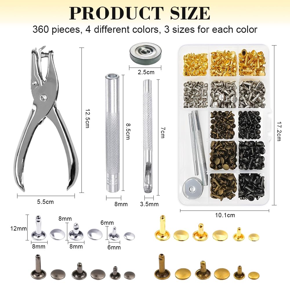 360 Pcs Ribattini per Cuoio,Borchie per Tessuti Decorative,Borchie per Pelle,Borchies per Borse Fai da Te,Rivetti a Doppio Tappo,Ribattini per Metallo con Punch Pinze,Rivetto Doppio Cappuccio