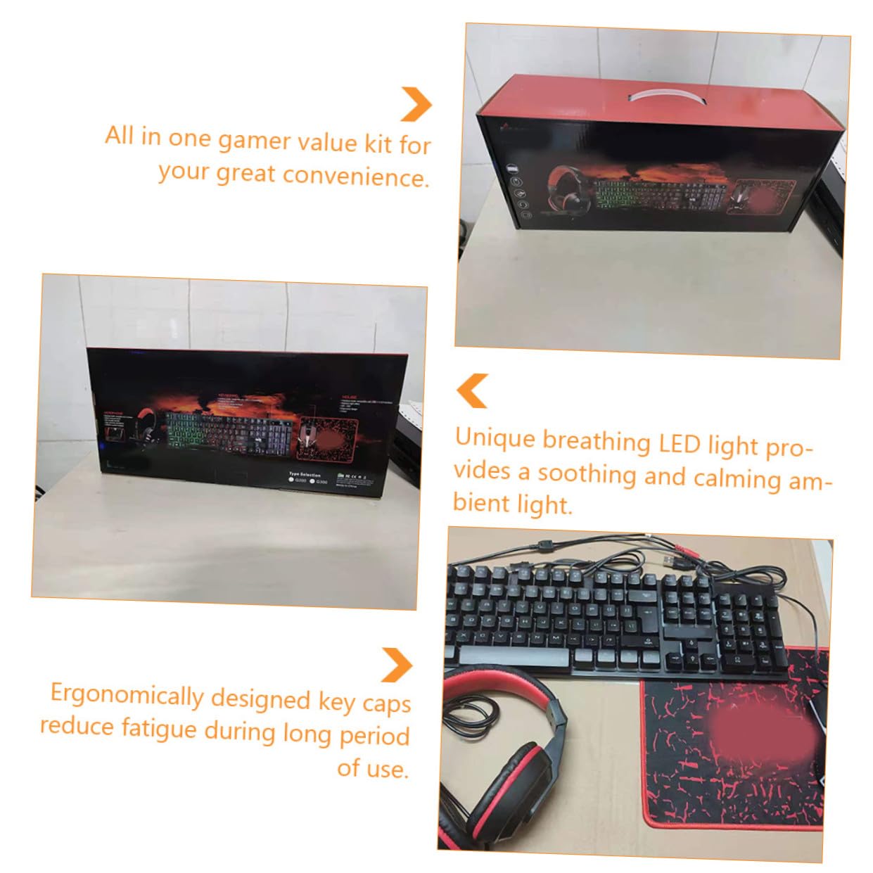 Gatuida Teclado Gaming con Ratón Ergonómico Auriculares y Alfombrilla Retroiluminados Combo USB con Teclas Iluminadas para Oficina