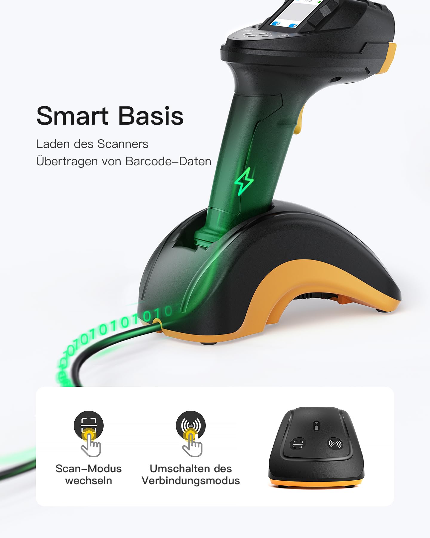Inateck Barcode Scanner Bluetooth, 2D 1D Wireless Handheld Scanner, QR Code Scanner, mit Screen und Smart Base, CMOS CCD Dual Module, Größere Reichweite, Unterstützt App SDK, P8 SE
