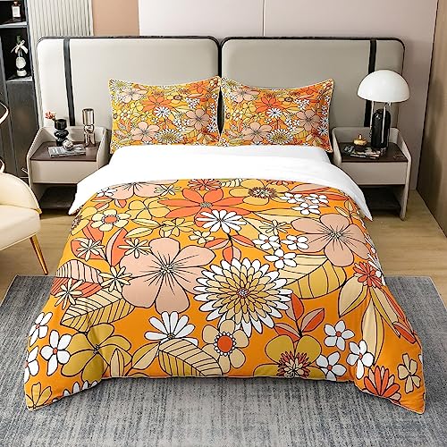 Boho Floral 100% Cotton Duvet Cover Double,Retro 1960S 1970S Groovy Flower Comforter Cover for Kid Girls Teens,Orange Boho Hippie Trippy Bedding Set Botanical Blossom Quilt Cover with 2 Pillowcases