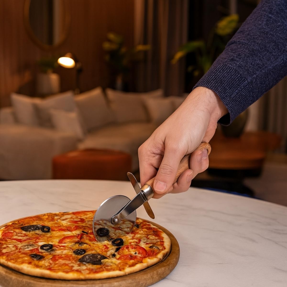 Pizza Kesici – Ahşap Saplı Paslanmaz Çelik, Yuvarlak Bıçaklı Pizza Dilimleyici | Ergonomik, Dayanıklı, Şık Tasarım