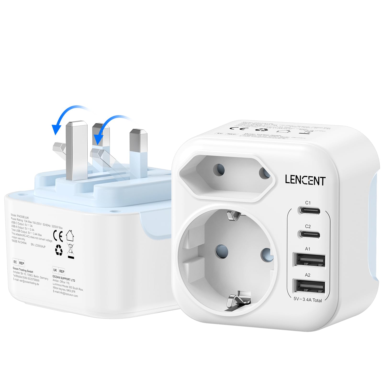LENCENT UK Travel Adapter, front view showing AC and USB ports