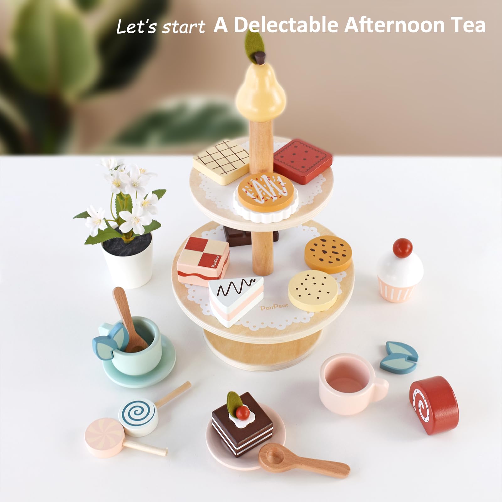 Juego de fiesta de té, juego de soporte de postre, juguetes de madera, juego de comida, accesorios de cocina para niños pequeños, regalo de cumpleaños 7