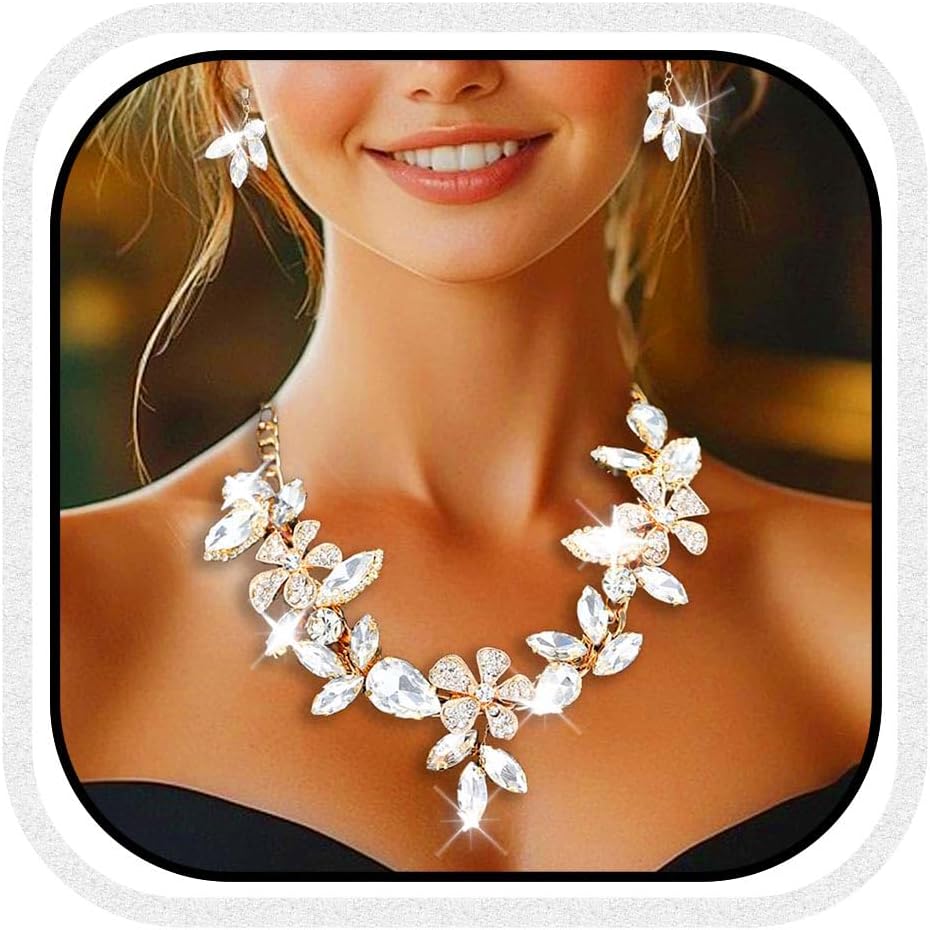 Unicra Gold Rhinestone Bridal Wedding Jewelry Sets Crystal Necklace Earrings Set Prom Formal Jewelry for Women and Brides