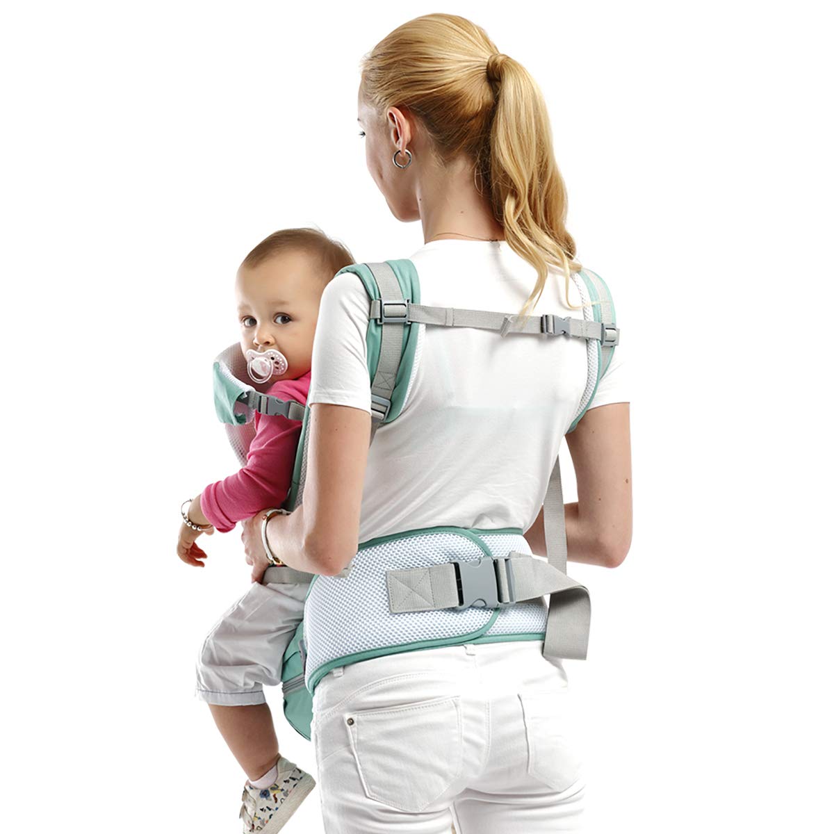 SONARIN Wielofunkcyjne siedzenie biodrowe 3 w 1 nosidełko dziecięce, ergonomiczne, torba mumiczna, 100% bawełna, oddychające podłoże z siatki, dostosowane do wzrostu dziecka, przytulne i kojące dla niemowląt (zielone)