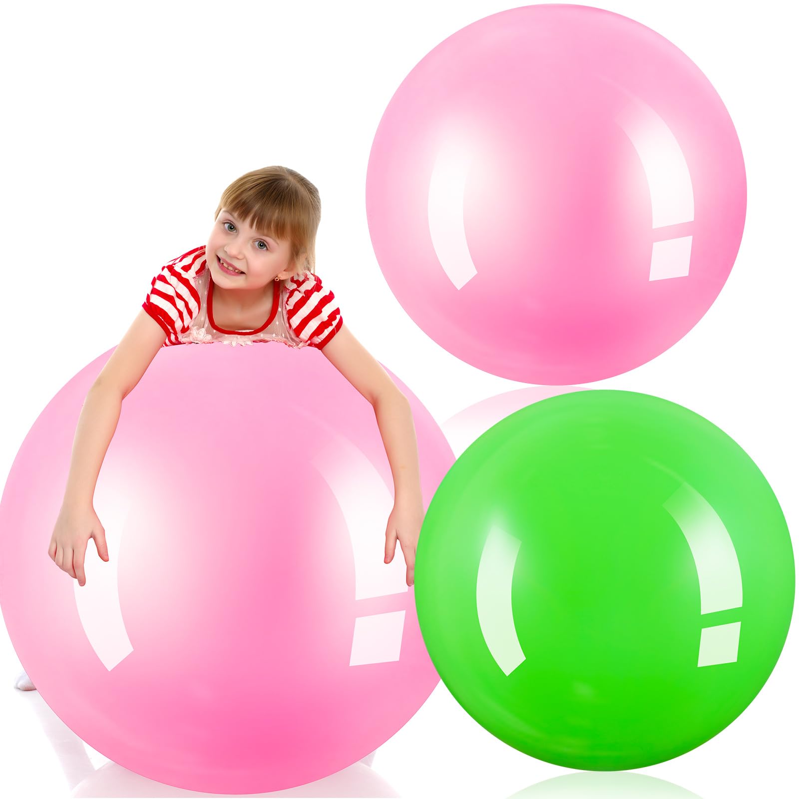 Jenaai 2 Pcs 30 Inch Large Bouncy Balls Giant Inflatable Rubber Kickballs Outdoor Exercise Jumping Hopping Big Ball for Outdoor Activity Game Sports Party Decor(Pink, Green)