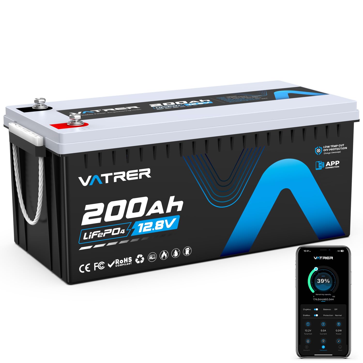 VATRER POWER Batería LiFePO4 12V 200Ah con Bluetooth y BMS 200A | Bluetooth, 2560W, más de 5000 ciclos, batería de ciclo profundo ideal para autocaravanas, barcos y sistemas solares