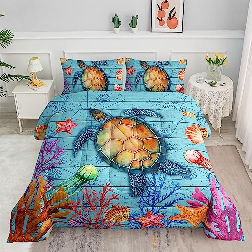 Datura home Sea Turtle Bedding Comforter Set Sea Turtle Ocean Beach Printed Pattern Bedding Set with 1 Comforter and 2 Pillowcases for Boys Bedroom All Season(Sea Turtle Full)