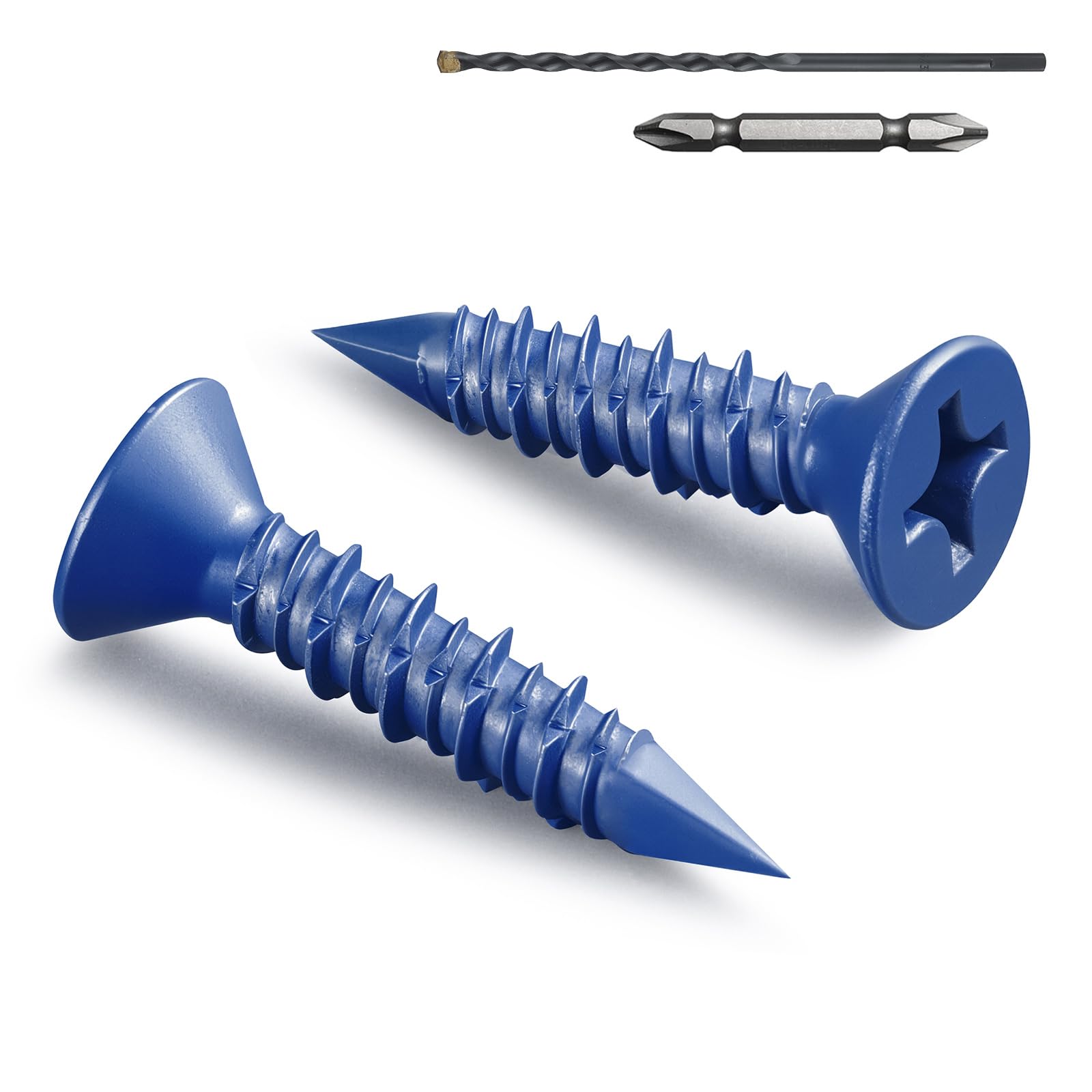 BNUOK 35Pcs 3/16 x 1-1/4 Inch Concrete Screws Anchor with Drill Bit, Blue Flat Head Masonry Brick Stucco Cement Block Screws, Diamond Point