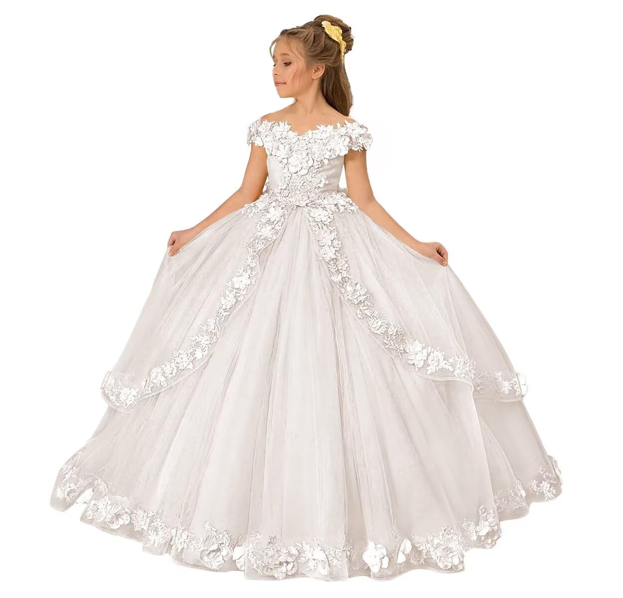 ZPVP Tulle Flower Girl Dresses for Wedding Off the Shoulder Pageant Dress for Girls 3D Floral Princess Party Ball Gown
