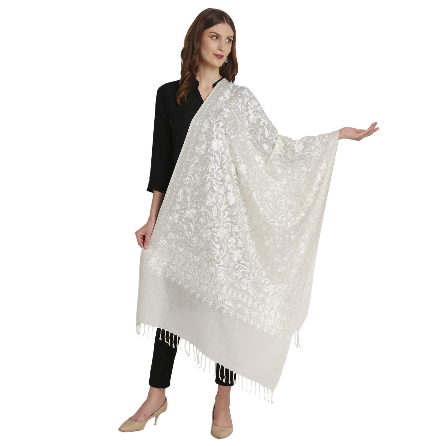 tweedle Women’s White Pure Wool Stole/Shawl/Wrap with All Over Dual Tone Silky Embroidery for Winters (Size 28 x 80 inches)-picture-11