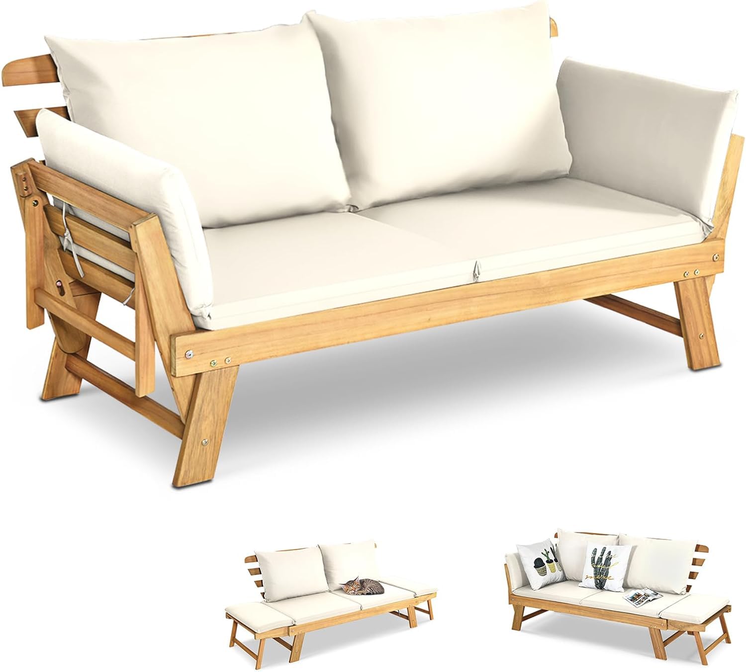 GOPLUS Sofá Cama de Jardín 2 Plazas, 3 en 1 Sofá Exterior Convertible en Tumbona y Cama Individual, Banco de Madera de Acacia con Cojines y Reposabrazos Ajustables, Terraza Patio Piscina (Blanco)