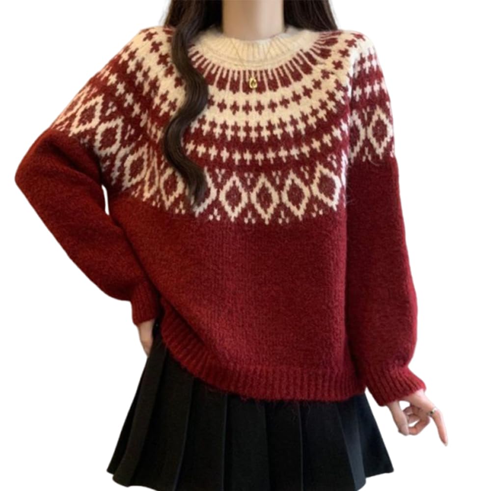 Melliflo Oversized Fair Isle Sweaters for Women Crewneck Long Sleeve Chunky Knit Sweater Vintage Drop Shoulder Pullover Tops