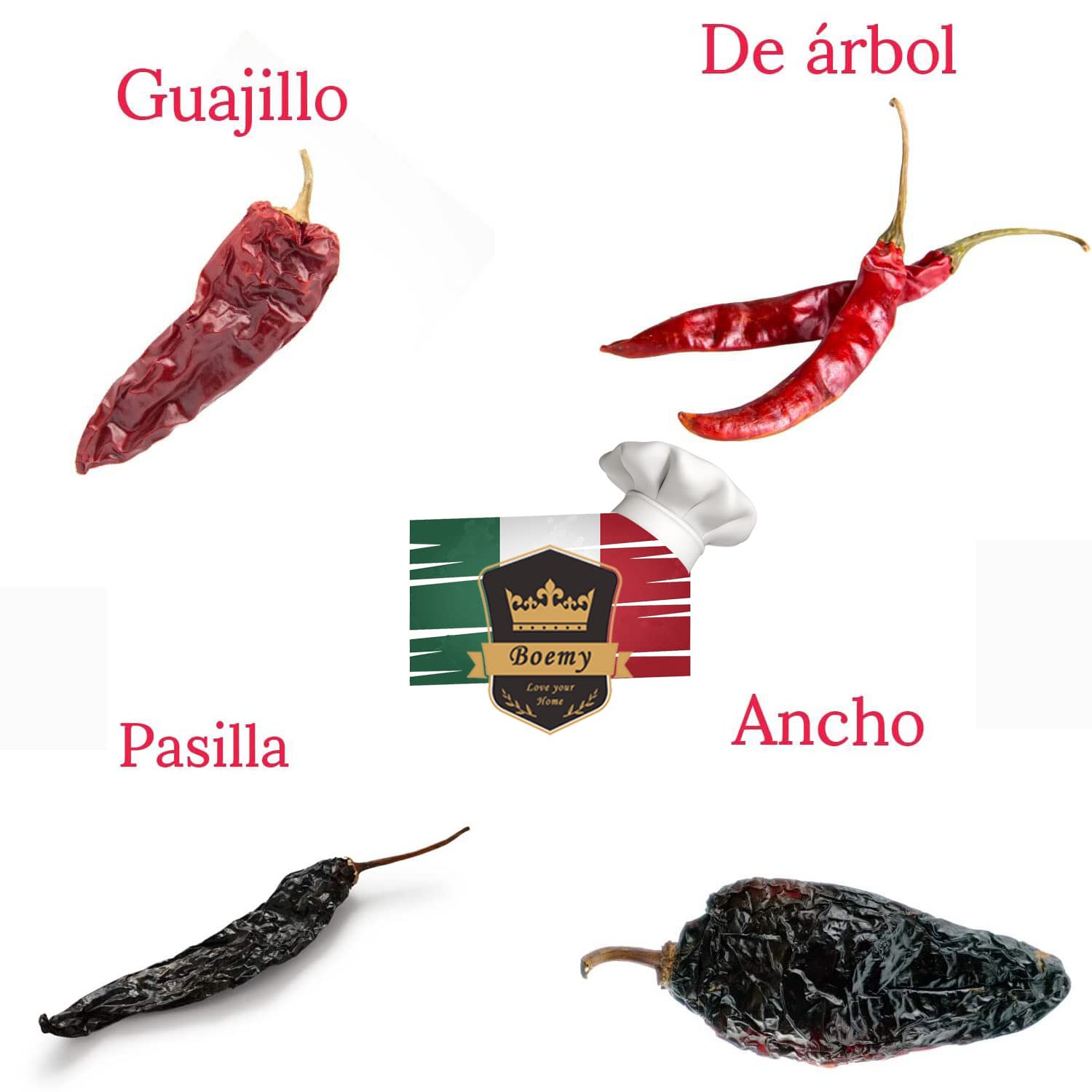 El Sarape Pack Chiles Mexicanos 4 Variedades Chiles Secos 100g Chile de Árbol Guajillo Pasilla Ancho