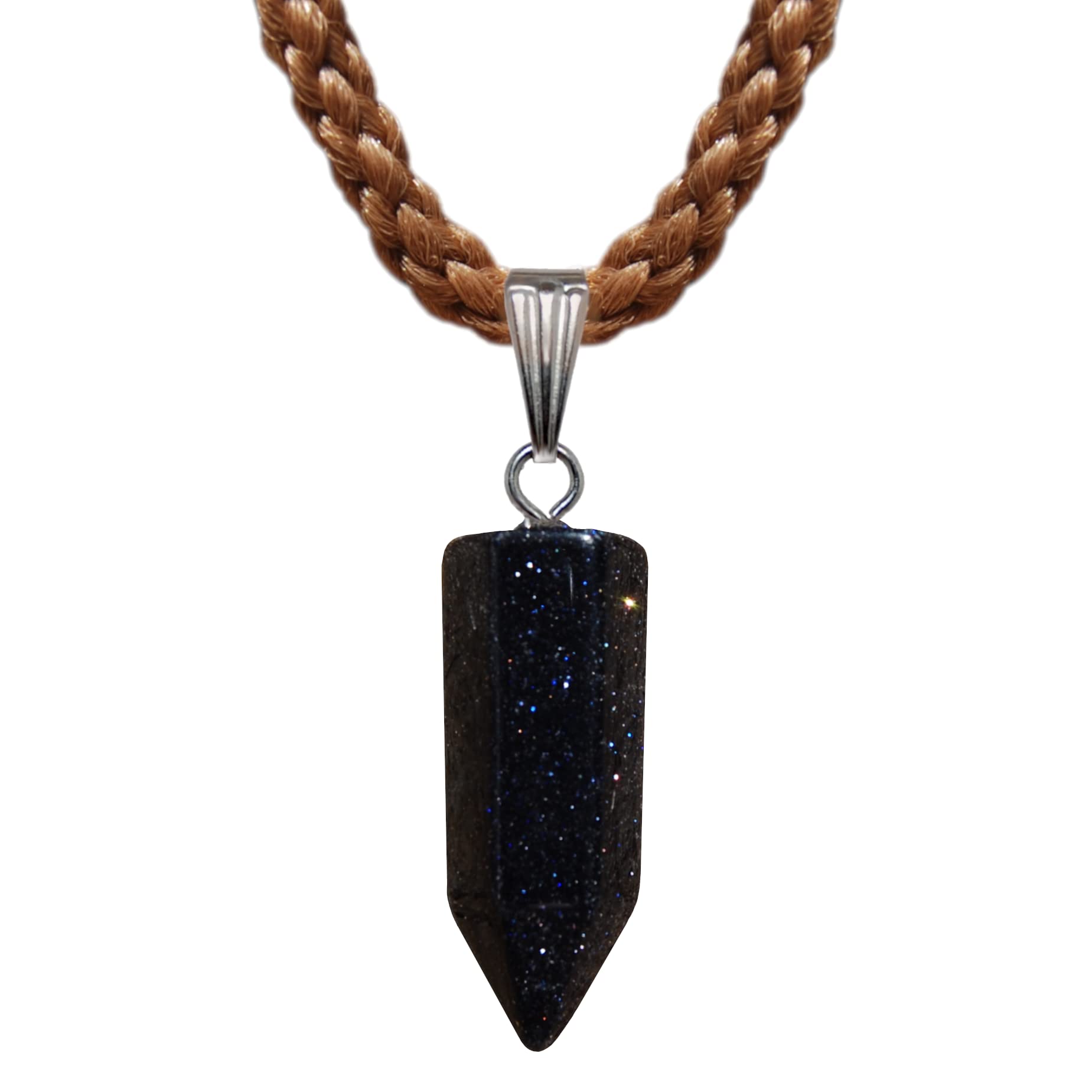 Steampunkers USAHexagon World – 22mm Bullet Point Wand Crystal – Galaxy Goldstone, Blue Black Sparkle – Adjustable Cord – Mocha Brown, Stainless Steel, goldstone