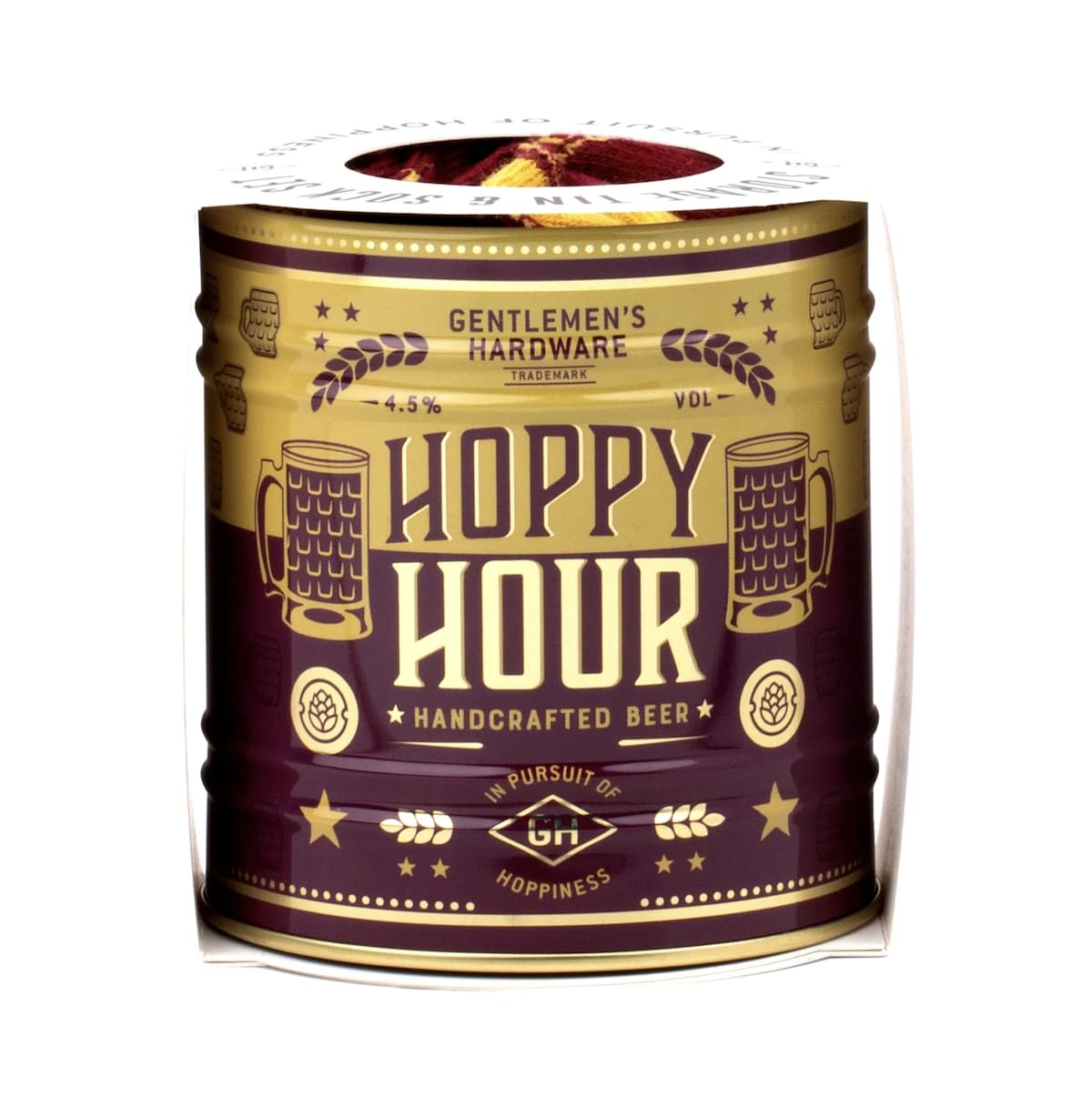 Gentlemen's Hardware Men's Maroon, Golden Yellow Gentle's Hardware Cotton Beer Design Socks, 1 Pair, Maroon And Golden Yellow, Size 7-11, Beer Mug Pattern, Gift Set With Storage Tin