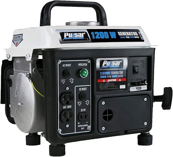 Pulsar 1,200W Carrying Handle, PG1202SA Gas-Powered Portable Generator, 1200W, Black/White