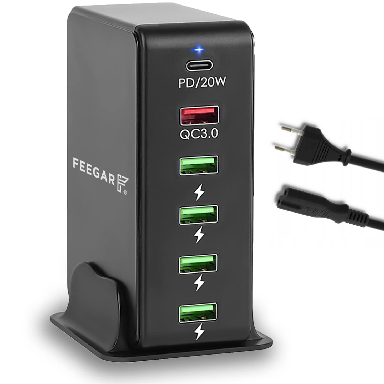 Stacja ładująca Feegar Tower 86W USB 6-portowa ładowarka sieciowa na biurko, przenośna wieloportowa ładowarka USB z 6 USB-A i USB-C PD Quick Charge QC 3.0