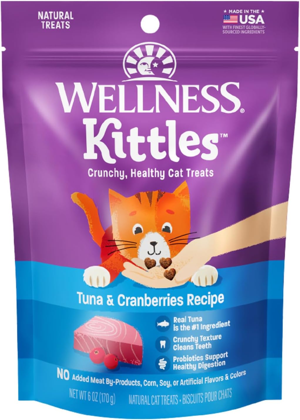Wellness Kittles Crunchy Cat Treats, All Lifestages, Kitten to Senior, Natural, Grain Free, Tuna and Cranberry Flavor, 6 oz Bag