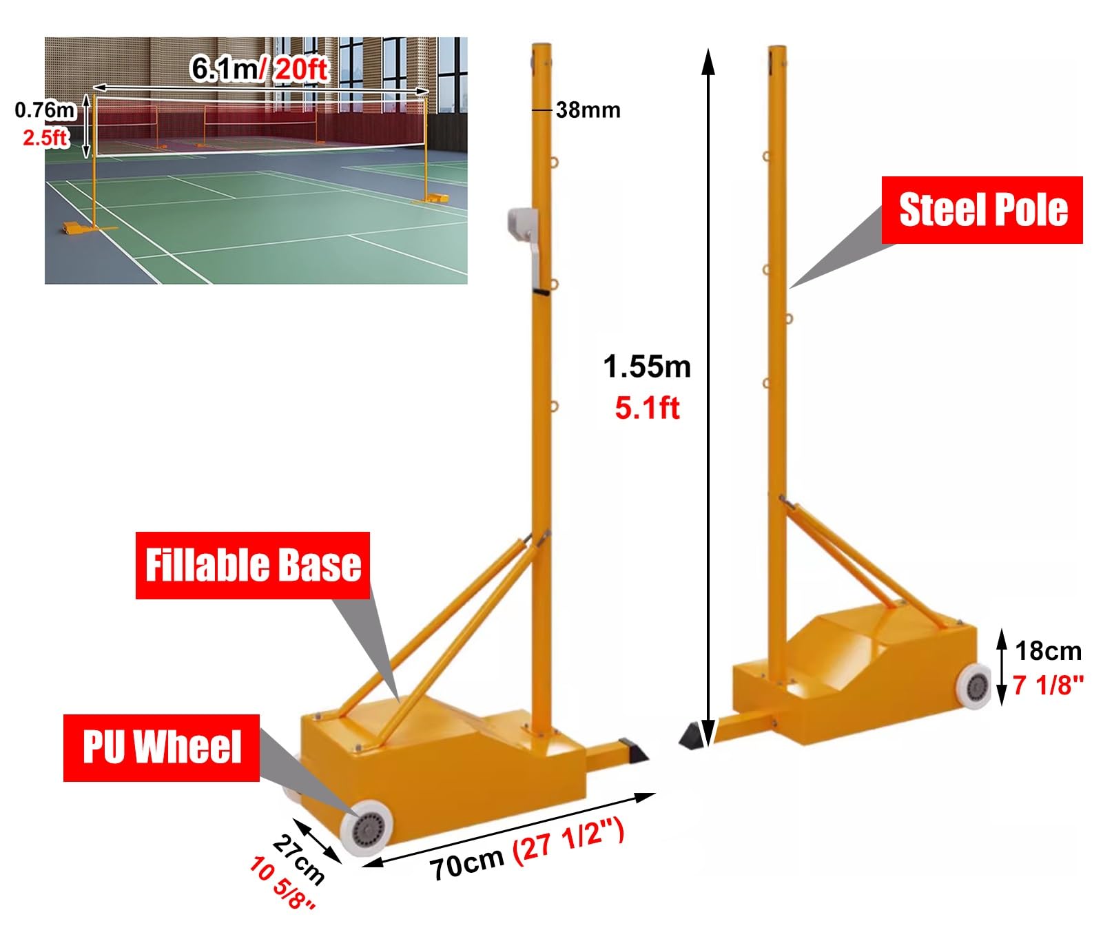 Supporto per Rete da Badminton, Pali da Badminton autoportanti con Rete in Acciaio, Attrezzatura per Allenamento Sportivo Indoor e Outdoor, Supporto per Beach Voll,